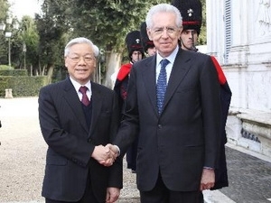 Italian Prime Minister Mario Monti welcomes Party General Secretary Nguyen Phu Trong