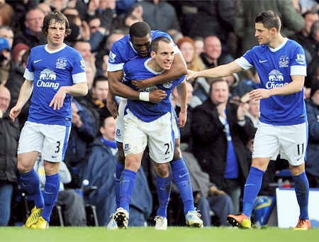 Thắng Man City, Everton vươn lên tạm xếp vị trí thứ 5 trên bảng xếp hạng Premier League 2012-2013.  Ảnh: T.L