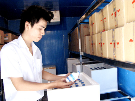 Anh Nguyễn Vũ Mỹ Anh, cán bộ Chi cục Thú y Đồng Nai đang kiểm tra vaccine trong kho dự trữ. Ảnh: H.Giang