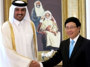 Vietnamese Foreign Minister Pham Binh Minh meets Qatari Prime Minister Hamad bin Jassim bin Jabor Al Thani.