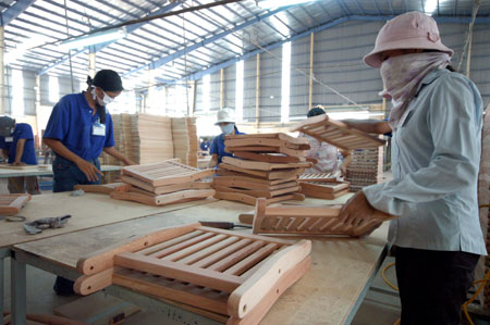 Workers in a wood factory of Scansia Pacific Company in Tan Tao Vinatex Industrial Zone in southern Dong Nai Province. Labour demand is increasing yearly despite the economic slowdown. 