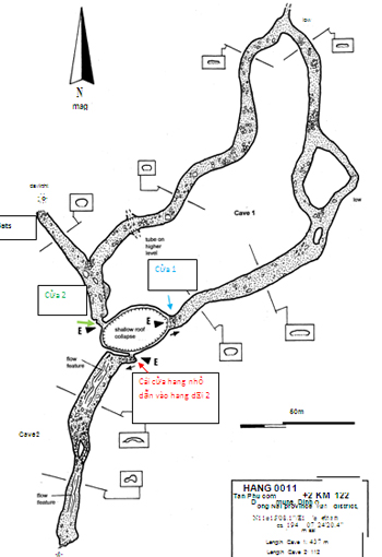 Sơ đồ miêu tả ngăn hang Dơi 1 (vòng cung bên trên - cave 1) và hang Dơi 2 (cave 2). Hình tròn ở giữa là đoạn đứt gãy mà nếu tính cả đoạn này, hang Dơi 1 là hang động dung nham dài nhất Đông Nam Á. Đồ họa: Michael Laumanns.