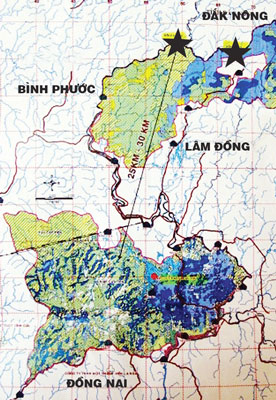 Two black stars mark core area of Cat Tien National Park, where the Dong Nai 6 and 6A plants are being planned 