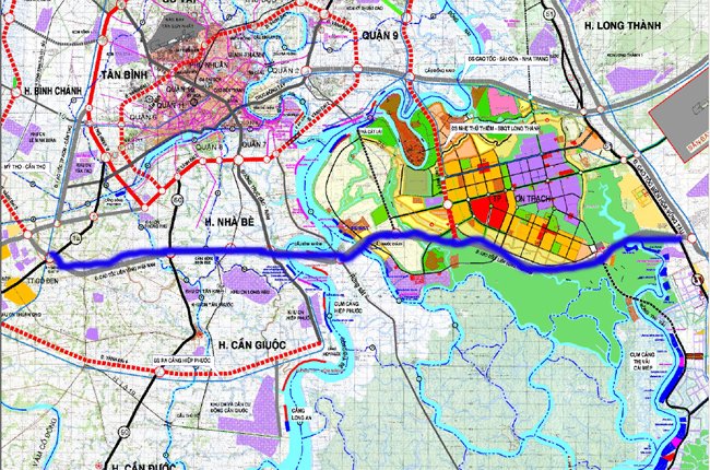 Đường cao tốc Bến Lức - Long Thành (đường màu xanh) đi qua 3 địa phương là Long An, TPHCM và Đồng Nai