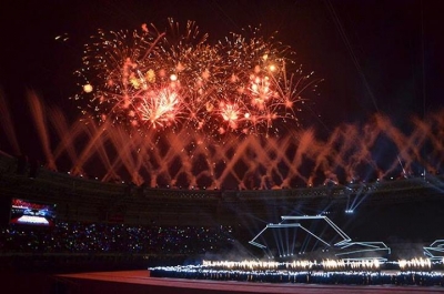 The dazzling display of fireworks opens the ceremony