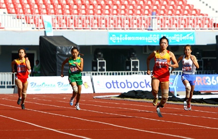 Hat-trick: Nguyen Thi Thuy of Viet Nam (right) claimed three medals at the seventh Para Games in Myanmar. Yesterday she triumphed in the womens T44 100m event and set a new Games record. 