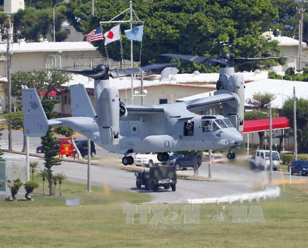 Máy bay MV-22 Osprey tại căn cứ không quân Futenma ở Ginowan, tỉnh Okinawa. (Nguồn: Kyodo/TTXVN)