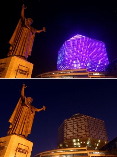 This combination of pictures shows the monument to Belarus humanist Francysk Skaryna and the National library (R) submerging into darkness for the Earth Hour environmental campaign in central Minsk on March 29, 2014.