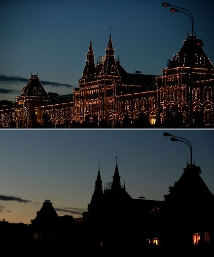 This combo picture shows the GUM department store at the Red Square submerging into darkness for the Earth Hour environmental campaign in central Moscow on March 29, 2014. 