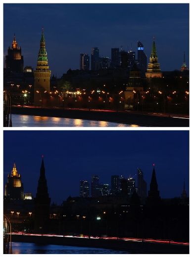 A combination picture shows the Kremlin before (top) and during Earth Hour in Moscow March 29, 2014. Lights