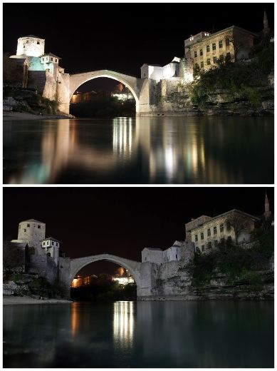 Combination picture shows the Old Bridge before (top) and during Earth Hour in Mostar March 29, 2014.