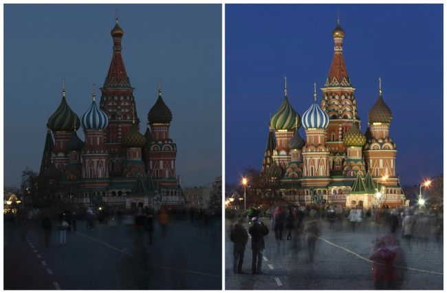 A combination picture shows St. Basil's Cathedral before (R) and during Earth Hour in Moscow March 29, 2014.