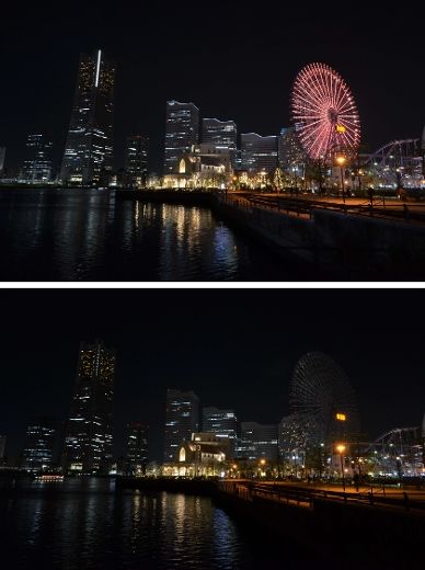 This combo picture shows Yokohama city's landmarks Landmark Tower (L) and a Ferris wheel (R) being submerged into darkness for the Earth Hour environmental campaign in Yokohama, suburban Tokyo on March 29, 2014