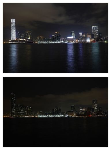 A combination picture shows Kowloon peninsula, with Hong Kong's highest skyscraper International Commerce Centre, across the harbour before (top) and during Earth Hour March 29, 2014.