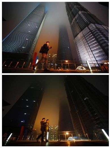 A combination photo shows people walking past the skyscrapers Shanghai World Financial Center, Shanghai Tower and Jin Mao Tower (L-R) before (top) and during Earth Hour at the financial district of Pudong in Shanghai March 29, 2014.