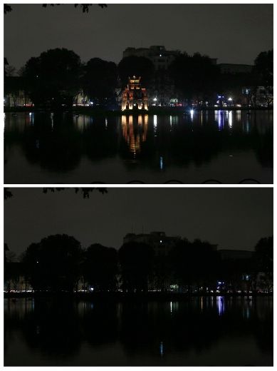 A combination photo shows the Turtle Tower on Hoan Kiem lake before (top) and during Earth Hour in Hanoi March 29, 2014.