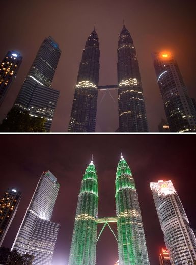 A combination of two pictures shows the Petronas towers in Kuala Lumpur before and after the lights were switched off for earth hour on March 29, 2014