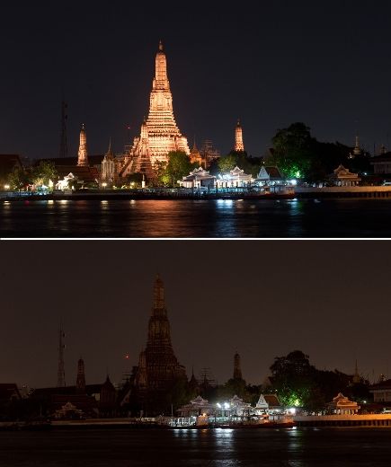 This combination picture of two photographs show the Wat Arun Ratchawararam Ratchawaramahawihan Buddhist temple before (top) and after (bottom) its lights were turned off to mark Earth Hour in Bangkok on March 29, 2014.