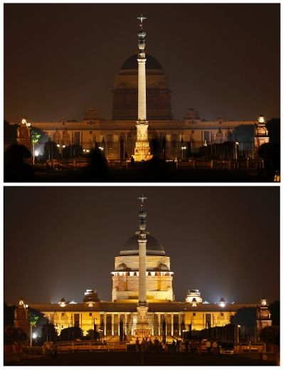 A combination picture shows India's presidential palace Rashtrapati Bhavan before (bottom) and during Earth Hour in New Delhi March 29, 2014.