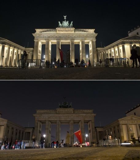 A combo shows the Brandenburg Gate submerging into darkness during the Earth Hour environmental campaign in March 29, 2014 in Berlin.
