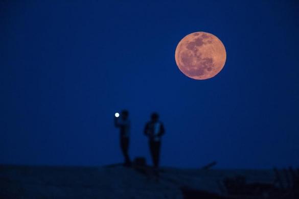 A man takes a picture during moon rise in a suburb of Shanghai April 15, 2014.  