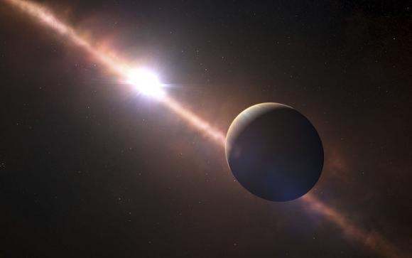 An exoplanet orbiting the young star Beta Pictoris, is seen in this artist's rendering courtesy of ESO L. Calçada/N. Risinger (skysurvey.org). 