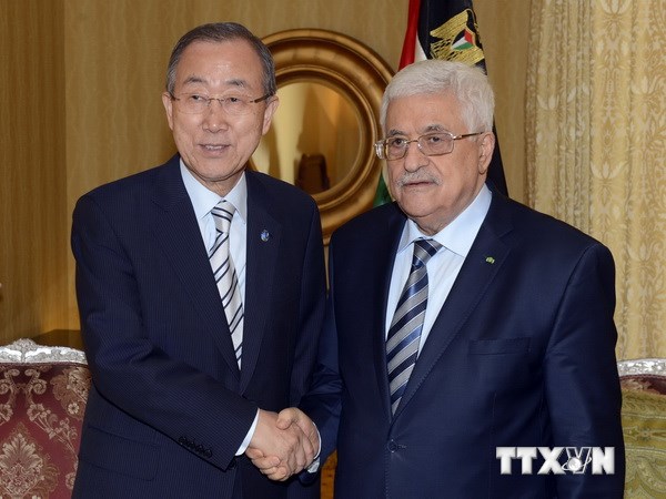 Tổng thư ký Ban Ki-Moon (trái) có cuộc gặp với Tổng thống Palestine Mahmud Abbas (phải), thảo luận về giải pháp chấm dứt xung đột leo thang tại dải Gaza. (Nguồn: AFP/TTXVN)