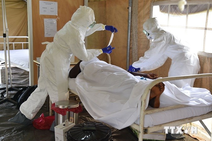 Nhân viên y tế chăm sóc một bệnh nhân nhiễm Ebola tại bệnh viện ở Biankouma, Côte dIvoire ngày 14/8. (Nguồn: AFP/TTXVN)