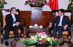 Deputy Prime Minister and Foreign Minister Pham Binh Minh receives Japanese Deputy Foreign Minister Shinsuke Sugiyama (Source: VNA)