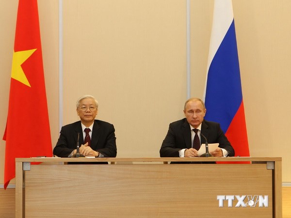 Tổng Bí thư Nguyễn Phú Trọng và Tổng thống Liên bang Nga Vladimir Putin gặp gỡ và phát biểu với báo chí. (Ảnh: TTXVN)