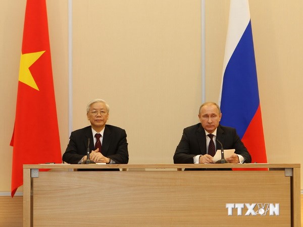 Tổng Bí thư Nguyễn Phú Trọng và Tổng thống Liên bang Nga Vladimir Putin gặp gỡ và phát biểu với báo chí. (Ảnh: TTXVN)