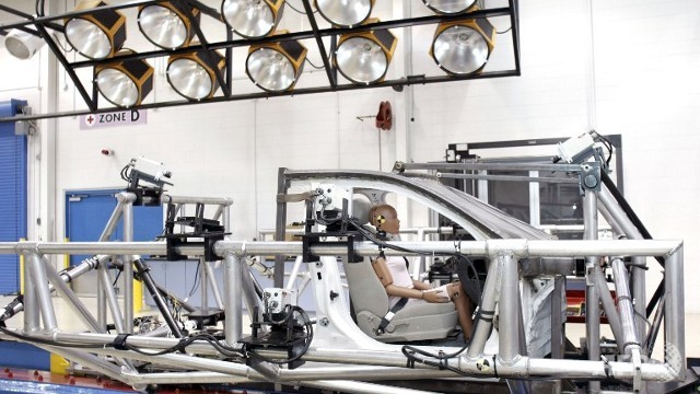 A crash-test dummy sits in a crash-testing sled at Takata's crash-testing facility in Auburn Hills, Michigan.