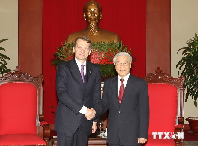 Tổng Bí thư Nguyễn Phú Trọng tiếp Chủ tịch Đuma Quốc gia Liên bang Nga Sergey Yevgenyevich Naryshkin. (Ảnh: TTXVN)