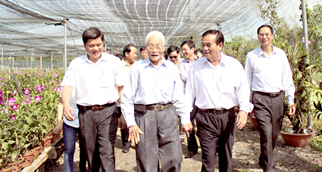 Đoàn thăm vườn trồng hoa lan của lão nông Nguyễn Văn Cán, xã Xuân Phú.