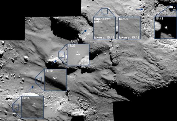 A mosaic of a series of images captured by Rosetta's OSIRIS camera over a 30 minute period shows the European Space Agency's lander Philae descending towards the Comet 67P/Churyumov-Gerasimenko before touchdown November 12, 2014.