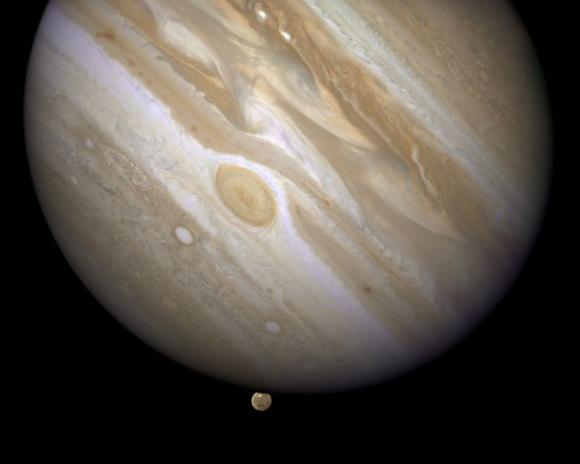 The planet Jupiter is shown with one of its moons, Ganymede (bottom), in this NASA handout taken April 9, 2007 and obtained by Reuters March 12, 2015.