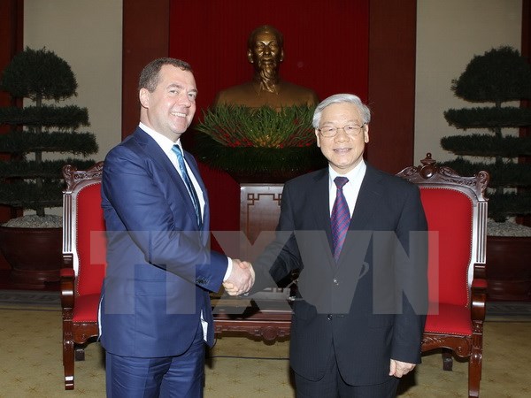 Tổng Bí thư Nguyễn Phú Trọng tiếp Thủ tướng Liên bang Nga Dmitry Medvedev thăm chính thức Việt Nam. (Ảnh: TTXVN)