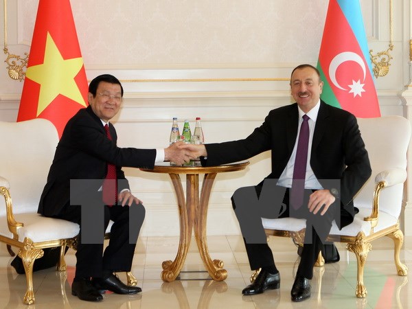 Tổng thống Cộng hòa Azerbaijan Ilham Aliyev hội kiến với Chủ tịch nước Trương Tấn Sang. (Ảnh: TTXVN)