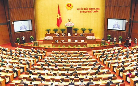 An overview of the opening ceremony of the 13 th National Assembly's ninth session in Ha Noi yesterday.