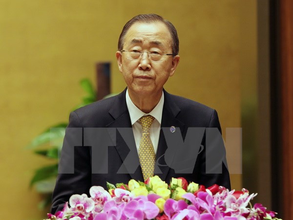 Tổng Thư ký Liên hợp quốc Ban Ki-moon tới dự và phát biểu tại Kỳ họp thứ 9, Quốc hội Khóa XIII. (Ảnh: TTXVN)