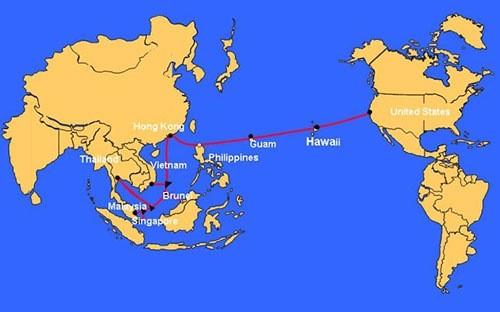 A transmission map of the Asia-America Gateway submarine cable. The cable will be under maintenance and repair from June 7 and it is expected to last 10 days. 