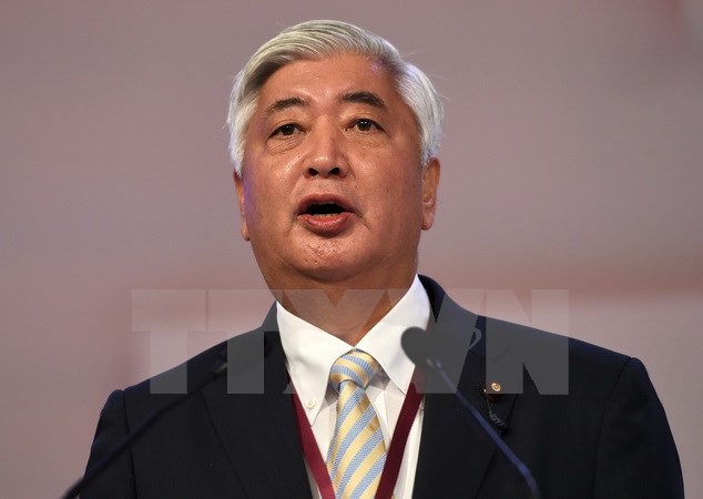Bộ trưởng Quốc phòng Nhật Bản Gen Nakatani phát biểu tại một hội nghị tăng cường an ninh hàng hải trong khu vực. (Nguồn: AFP/TTXVN)