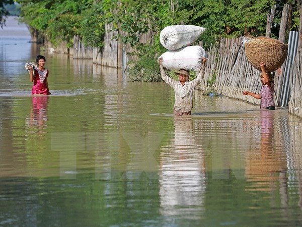 Cảnh ngập lụt ở Minbu, vùng Magway. (Nguồn: THX/TTXVN)