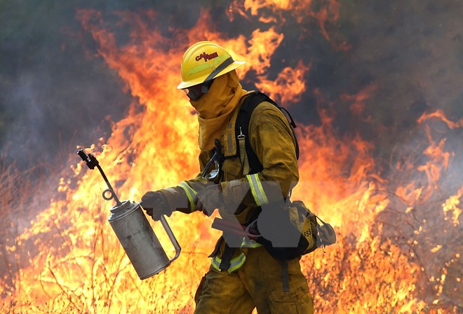 Lính cứu hỏa làm nhiệm vụ tại hiện trường vụ cháy gần Clearlake, California. (Nguồn: AFP/TTXVN)