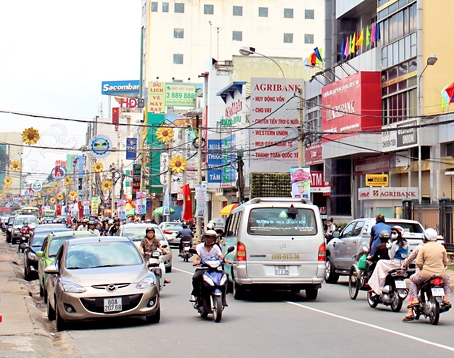 Các tuyến đường trong nội ô Biên Hòa ngày càng chật vì phương tiện lưu thông đông đúc. Trong ảnh: Xe ôtô dừng đỗ trên lề đường 30-4.