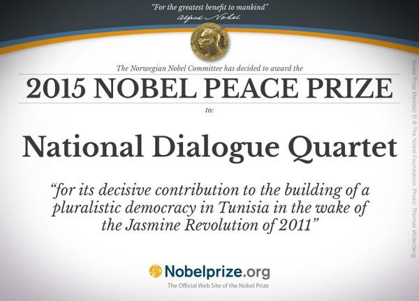 Nhóm Bộ Tứ Đối thoại Tunisia giành giải Nobel Hòa bình 2015