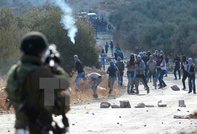 Binh sỹ Israel bắn đạn hơi cay vào người biểu tình Palestine ở khu Bờ Tây. (Ảnh: AFP/TTXVN)