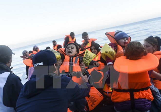 Người di cư tới đảo Lesbos, Hy Lạp sau hành trình vượt biển Aegean từ Thổ Nhĩ Kỳ ngày 14/11 vừa qua. (Ảnh: AFP/TTXVN)