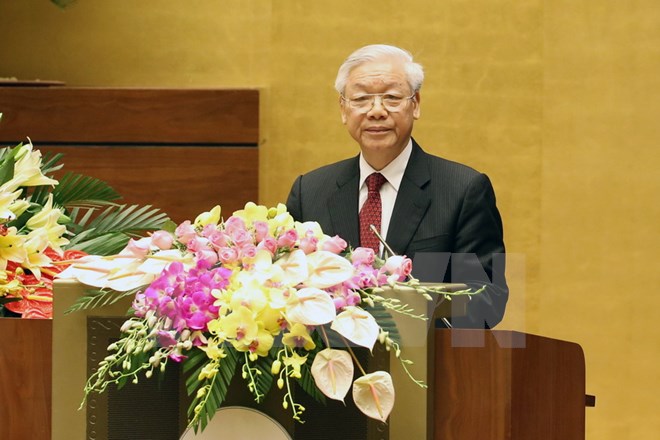 Tổng Bí thư Nguyễn Phú Trọng phát biểu tại buổi lễ. (Ảnh: Nhan Sáng/TTXVN)