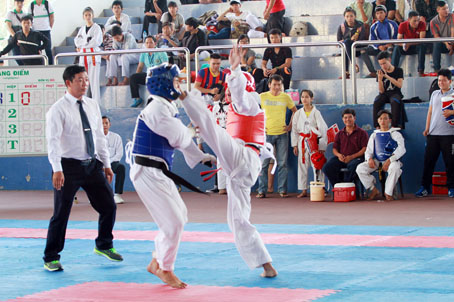 Thi đấu đối kháng môn taekwondo. Ảnh: H.Anh